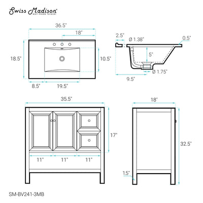 Château 36" Freestanding Bathroom Vanity in Golden Oak with Black 3-Hole Widespread Sink Top