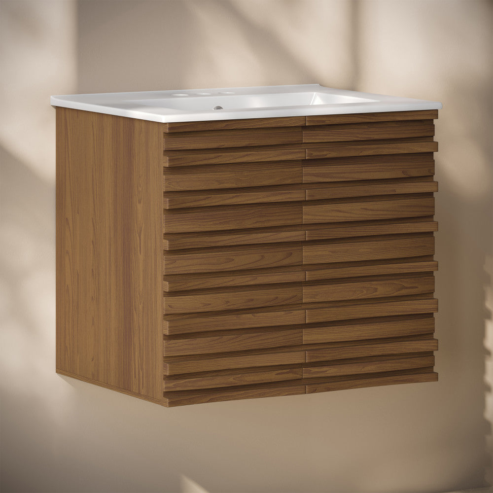 Cascade 24" Wall-Mounted Bathroom Vanity in Brown Oak with 3-Hole Centerset Sink Top