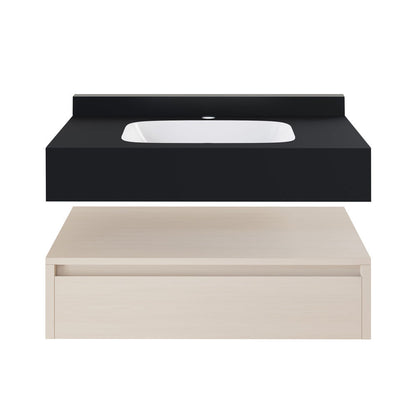 Avancer 36" Wall-Mounted Bathroom Vanity in White Oak with Black Marble Sink Top
