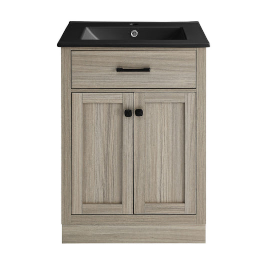 Burdon 24 in. Brown Oak Bathroom Vanity With Black Ceramic Sink Top