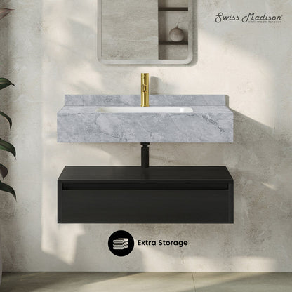 Avancer 36" Wall-Mounted Bathroom Vanity in Black Oak with Storm Gray Sink Top