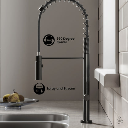 Pull-down kitchen faucet in matte black, single handle, flexible coil spring neck with spray and stream modes.