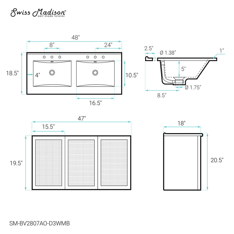 Classe 48" Wall-Mounted Bathroom Vanity in Black Oak with Black 3-Hole Widespread Double Basin Sink Top