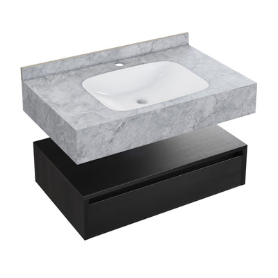 Avancer 36" Wall-Mounted Bathroom Vanity in Black Oak with Storm Grey Sink Top