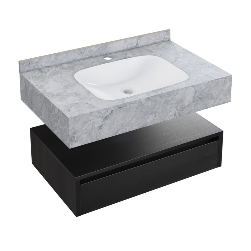Avancer 36" Wall-Mounted Bathroom Vanity in Black Oak with Storm Grey Sink Top