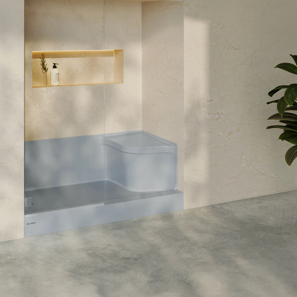 Aquatique 60" x 32" Single Threshold Shower Base With Left Hand Drain and Integral Right Hand Seat in Gray