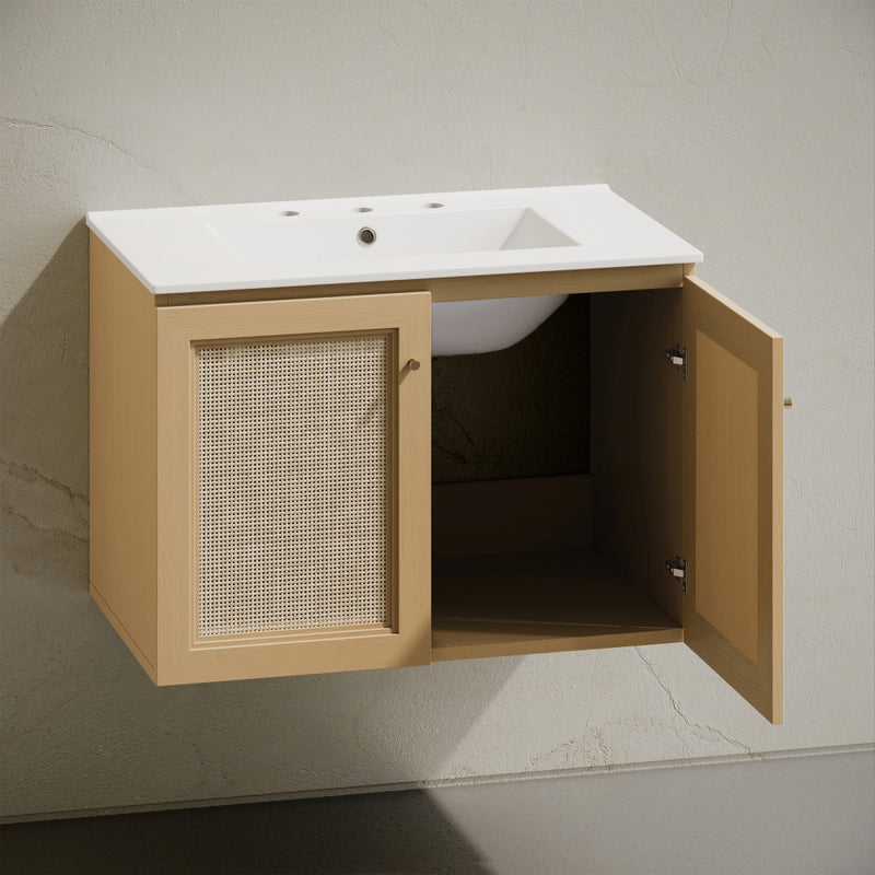 Classe 30" Wall-Mounted Bathroom Vanity in Natural Oak with Widespread Faucet Holes Vanity Top