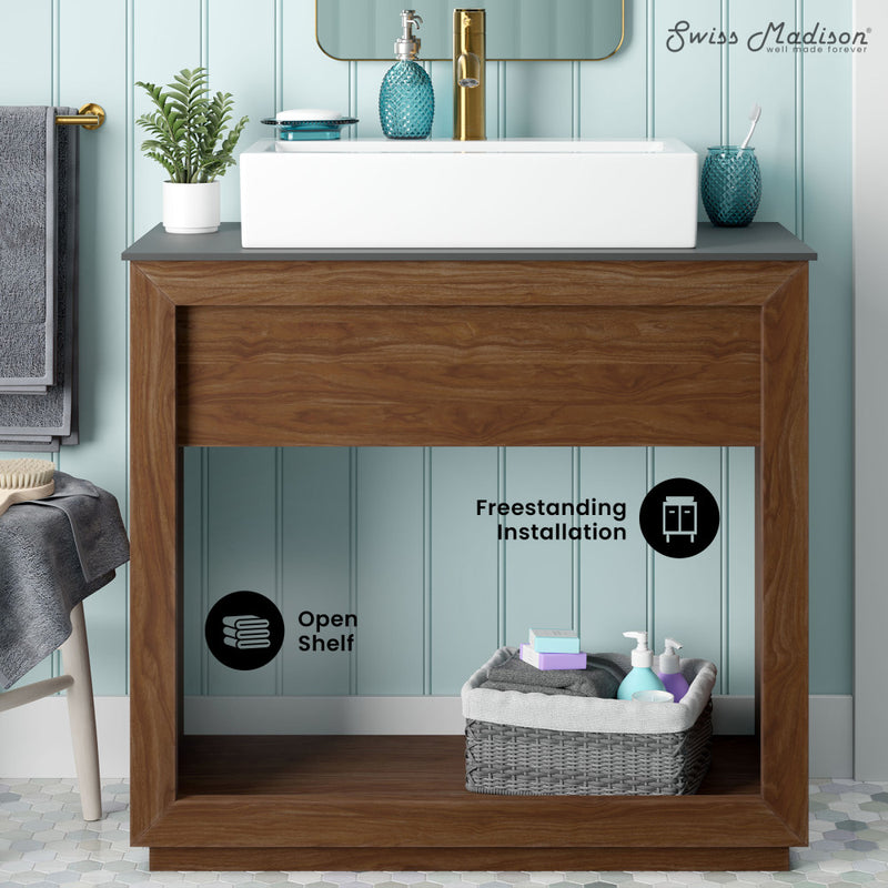 Rennes 36" Reclaimed Wood Vanity in Walnut with Slate Countertop and Single Hole Vessel Sink