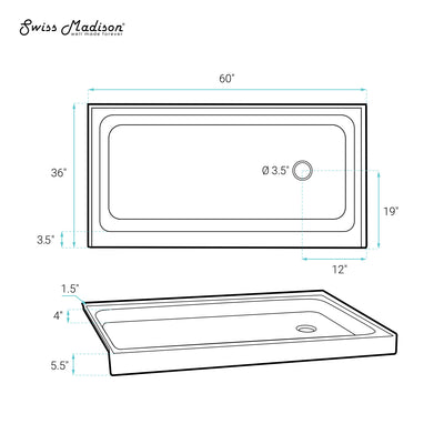 Voltaire 60" x 36" Acrylic Black, Single-Threshold, Right Drain, Shower Base