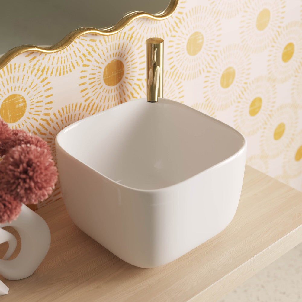 14.5" square white ceramic vessel bathroom sink with thin edges and smooth finish.