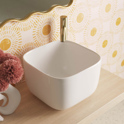 14.5" square white ceramic vessel bathroom sink with thin edges and smooth finish.