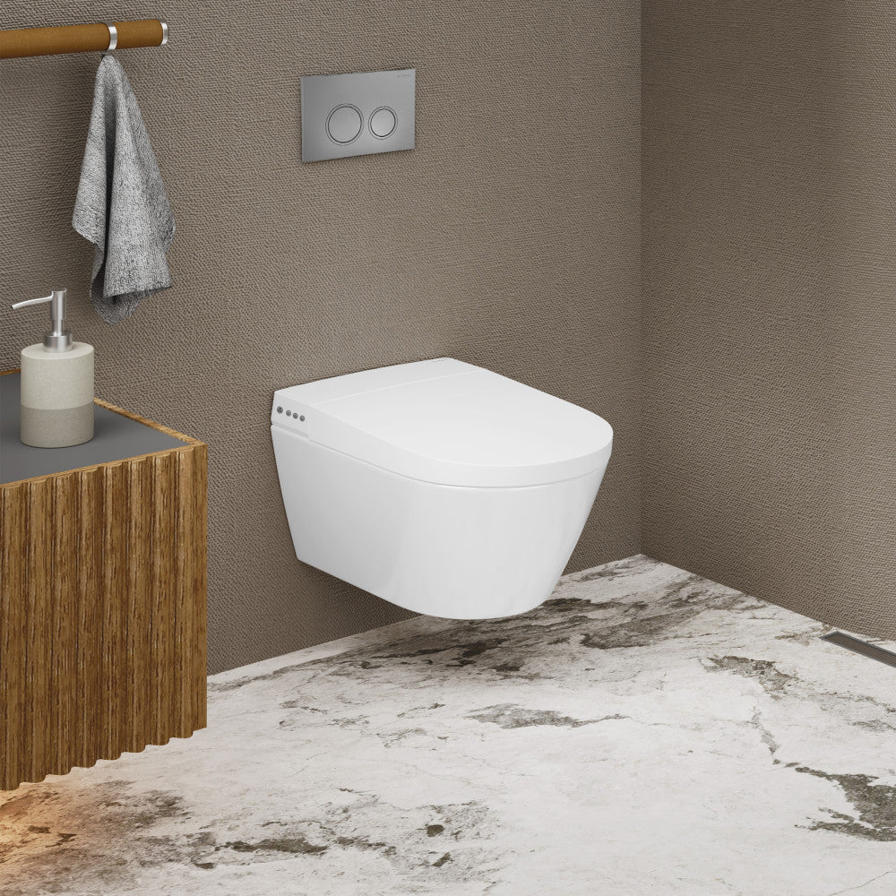 Wall-hung smart toilet with built-in bidet and soft-close seat, sleek modern design.