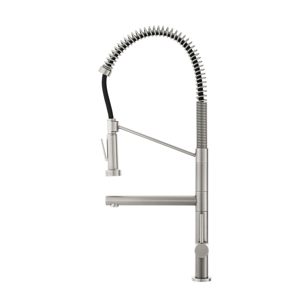 Single handle pull-down kitchen faucet with pot filler in brushed nickel finish.