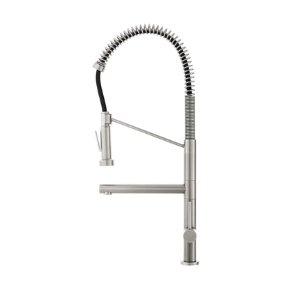 Single handle pull-down kitchen faucet with pot filler in brushed nickel finish.