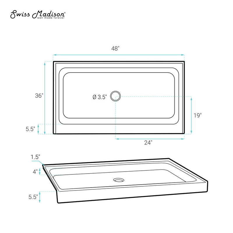 Voltaire 48" x 36" Single-Threshold, Center Drain, Shower Base in Grey