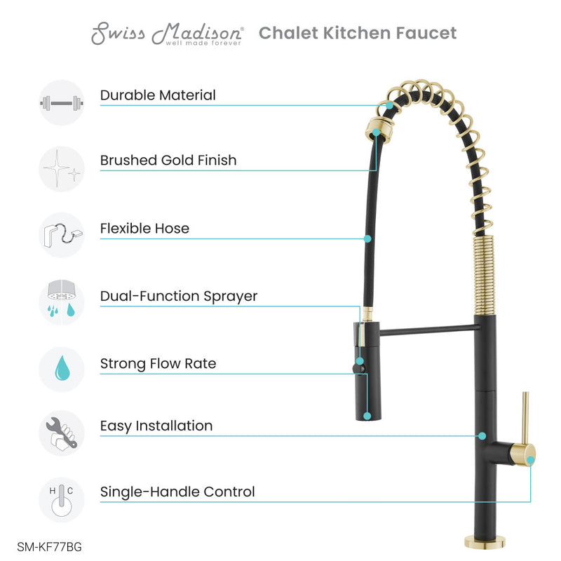 Chalet Single Handle, Pull-Down Kitchen Faucet in Brushed Gold and Black