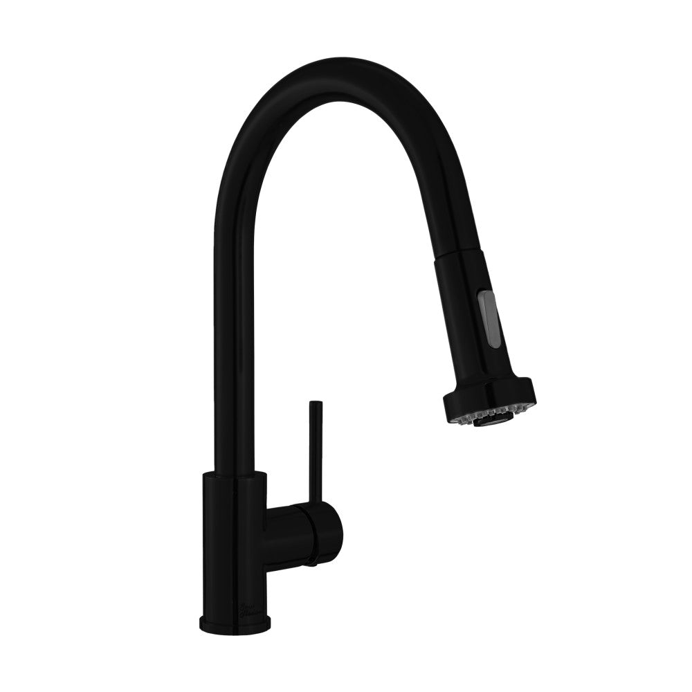 Single handle pull-down kitchen faucet in matte black with high arc spout and sleek design.