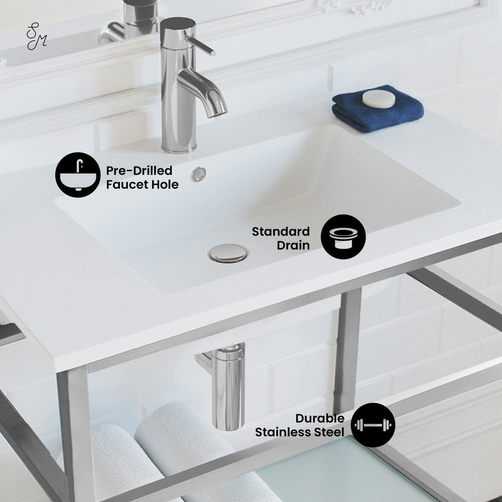 Pierre 30 Single, Open Shelf, Chrome Metal Frame Bathroom Vanity