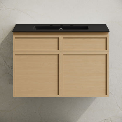 St. Tropez 30" Wall-Mounted Bathroom Vanity in Natural Oak with Black 3-Hole Widespread Sink Top