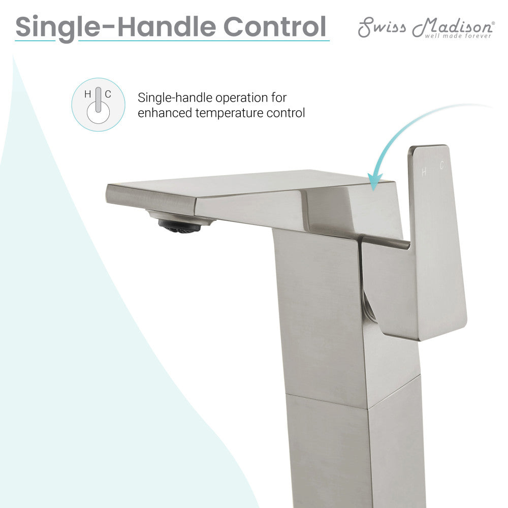 Single-handle high arc bathroom faucet in brushed nickel with sleek angular design.