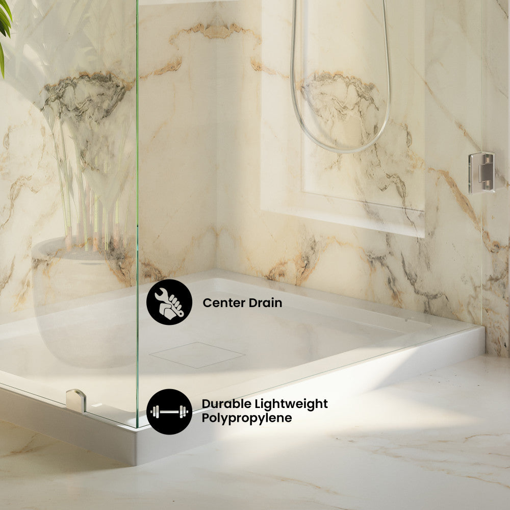 Marquette 42" x 34" Single or Double-Threshold Shower Pan Base with Center Drain and Removable Flange in Glossy White