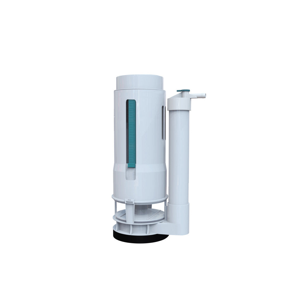 White plastic flush valve with transparent water level window and side lever handle.