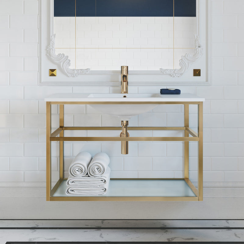 Pierre 36 Single, Open Shelf, Gold Metal Frame Bathroom Vanity