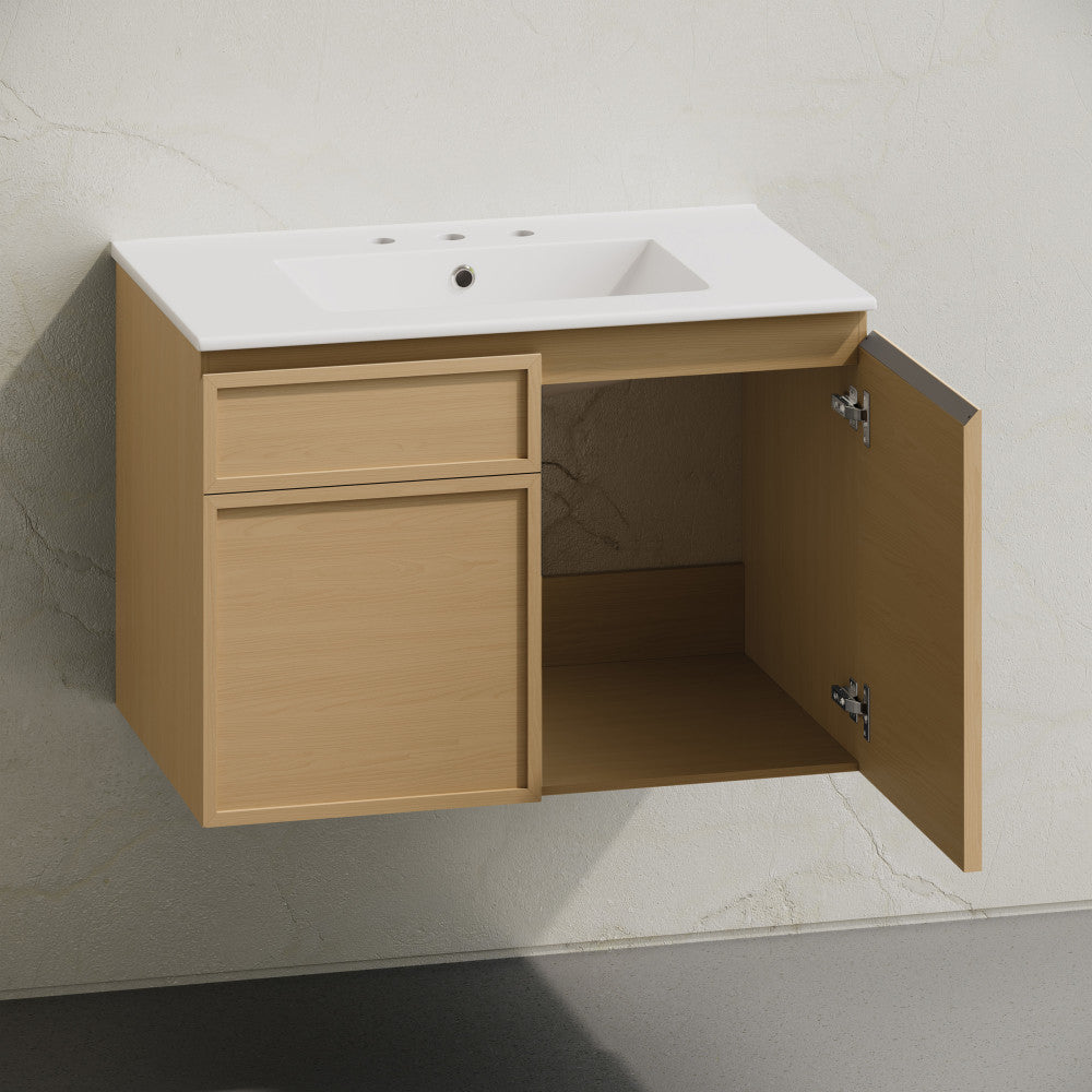 St. Tropez 30" Wall-Mounted Bathroom Vanity in Natural Oak with 3-Hole Widespread Sink Top