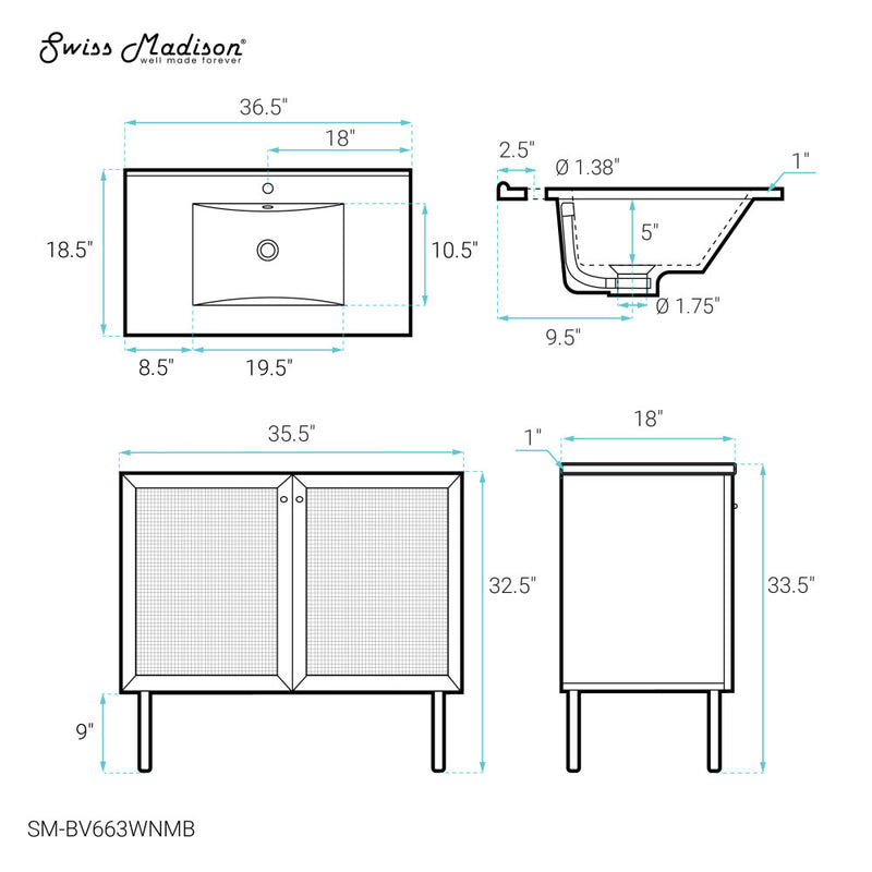 Classe 36" Freestanding Bathroom Vanity in Brown Oak with Black Sink Top