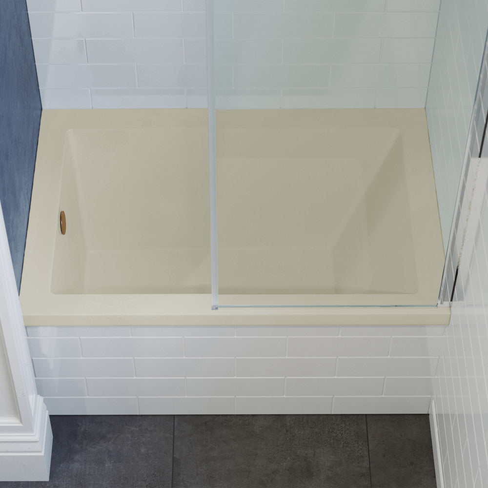 Alcove soaking bathtub 48 x 32 inch in bisque with left-hand drain and clear glass shower door.