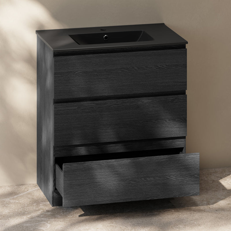 Liberte 30" Freestanding Bathroom Vanity in Black Oak with Black Sink Top