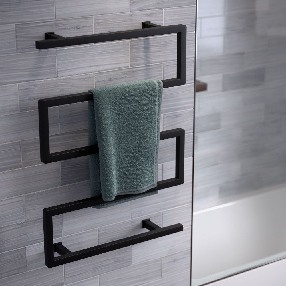 Electric 5-bar towel warmer in matte black with modern angular design mounted on bathroom wall.