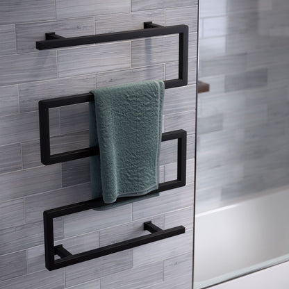 Electric 5-bar towel warmer in matte black with modern angular design mounted on bathroom wall.