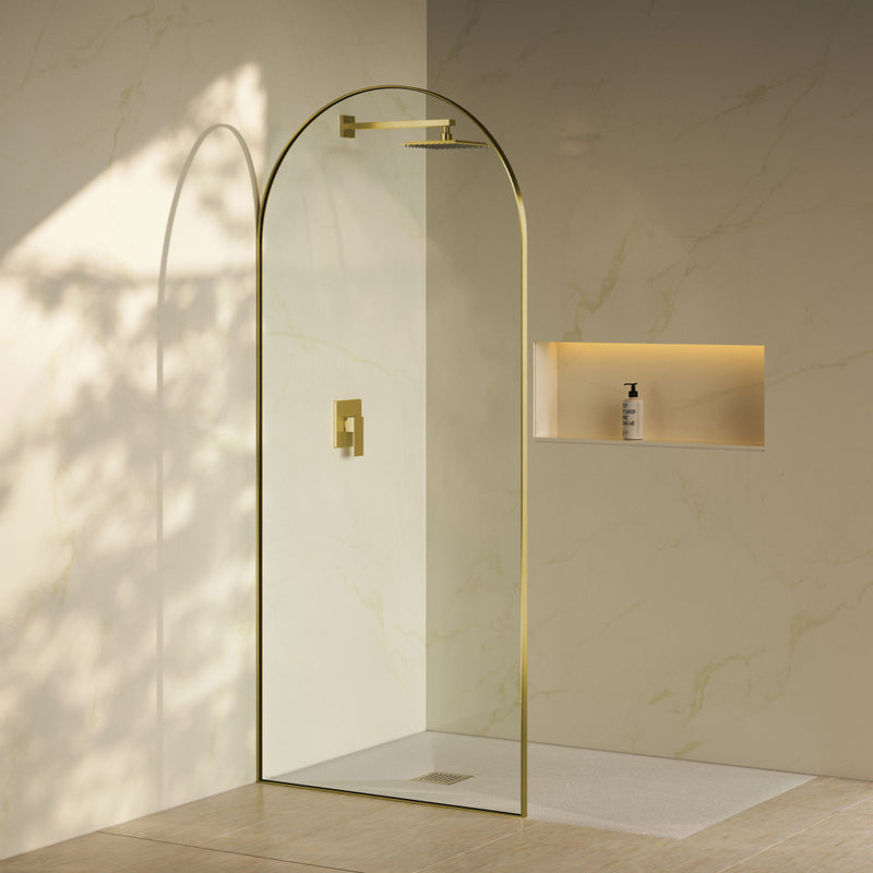 Porte 34 x 76 Framed Fixed 3/8 in. (10mm) Clear Tempered Glass Shower Door with Gold Brushed Frame