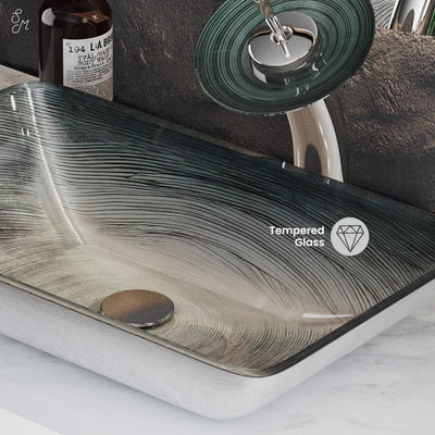 Cascade Rectangular Glass Vessel Sink with Faucet, Smoky Gray