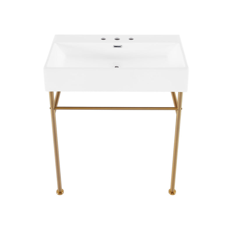 Claire 30" Console Sink White Basin Brushed Gold Legs with 8" Widespread Holes