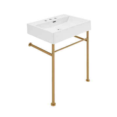 Claire 24" Console Sink White Basin Brushed Gold Legs with 8" Widespread Holes