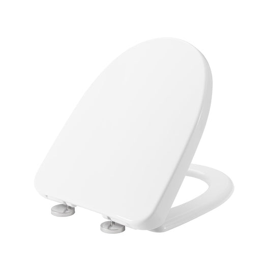 Elongated toilet seat in white with quick release hinges for easy removal and cleaning.