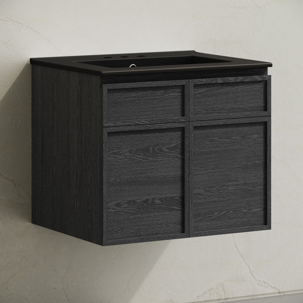 St. Tropez 24" Wall-Mounted Bathroom Vanity in Black Oak with Black 3-Hole Centerset Sink Top