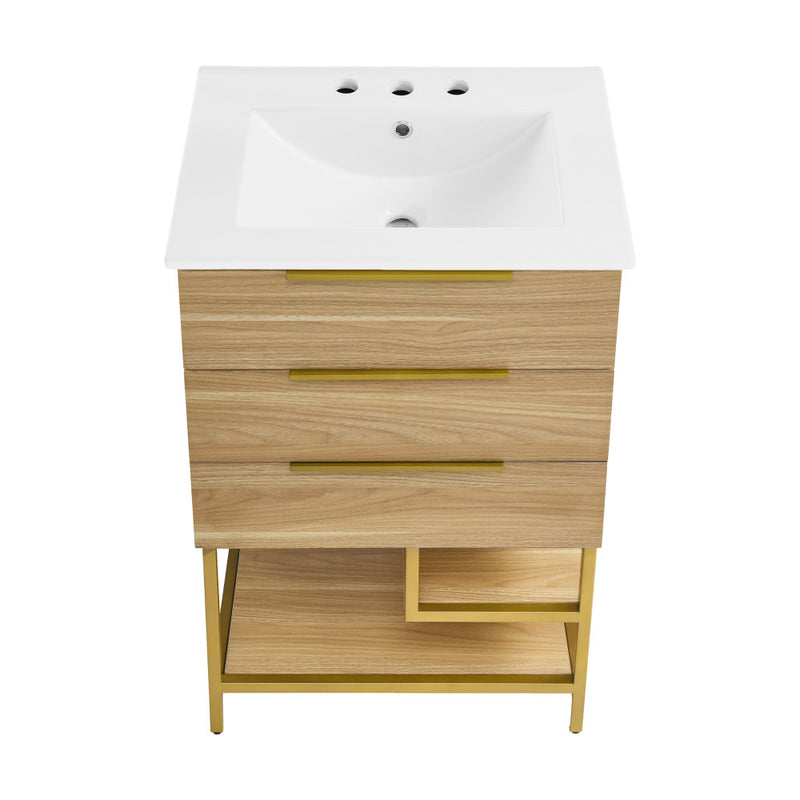 Carre 24 in. White Oak Bathroom Vanity With White, 3-Hole Ceramic Sink Top