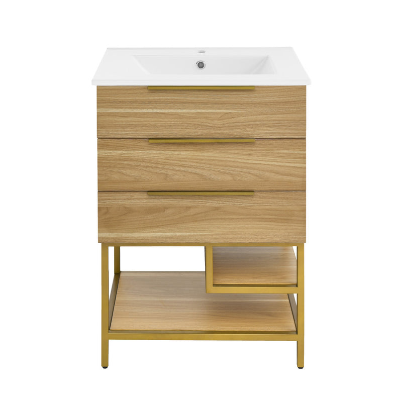 Carre 24" Freestanding Bathroom Vanity in Golden Oak with Sink Top