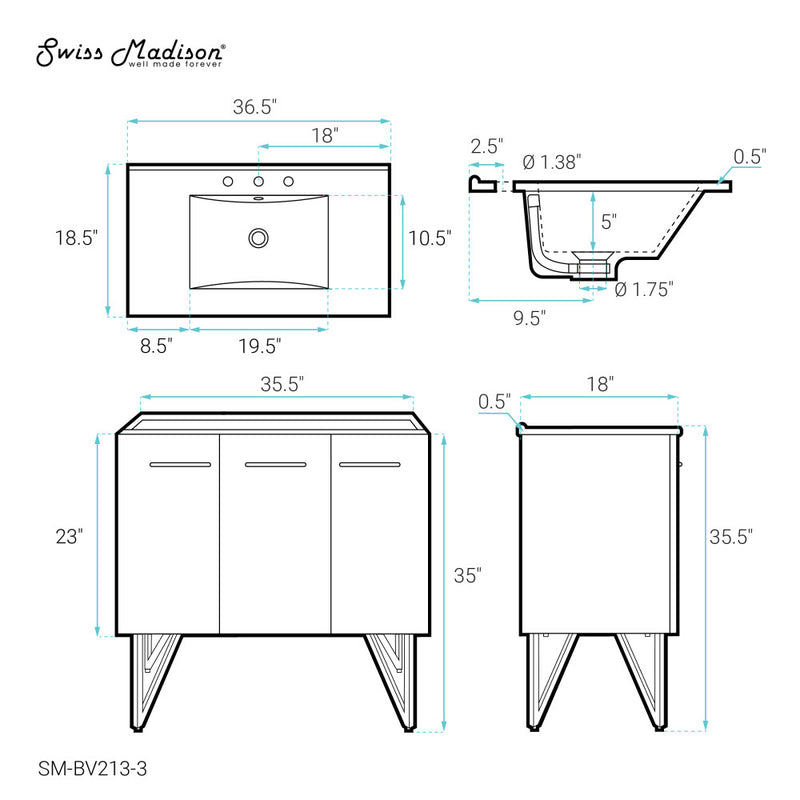 Annecy 36 in. White Bathroom Vanity With White, 3-Hole Ceramic Sink Top