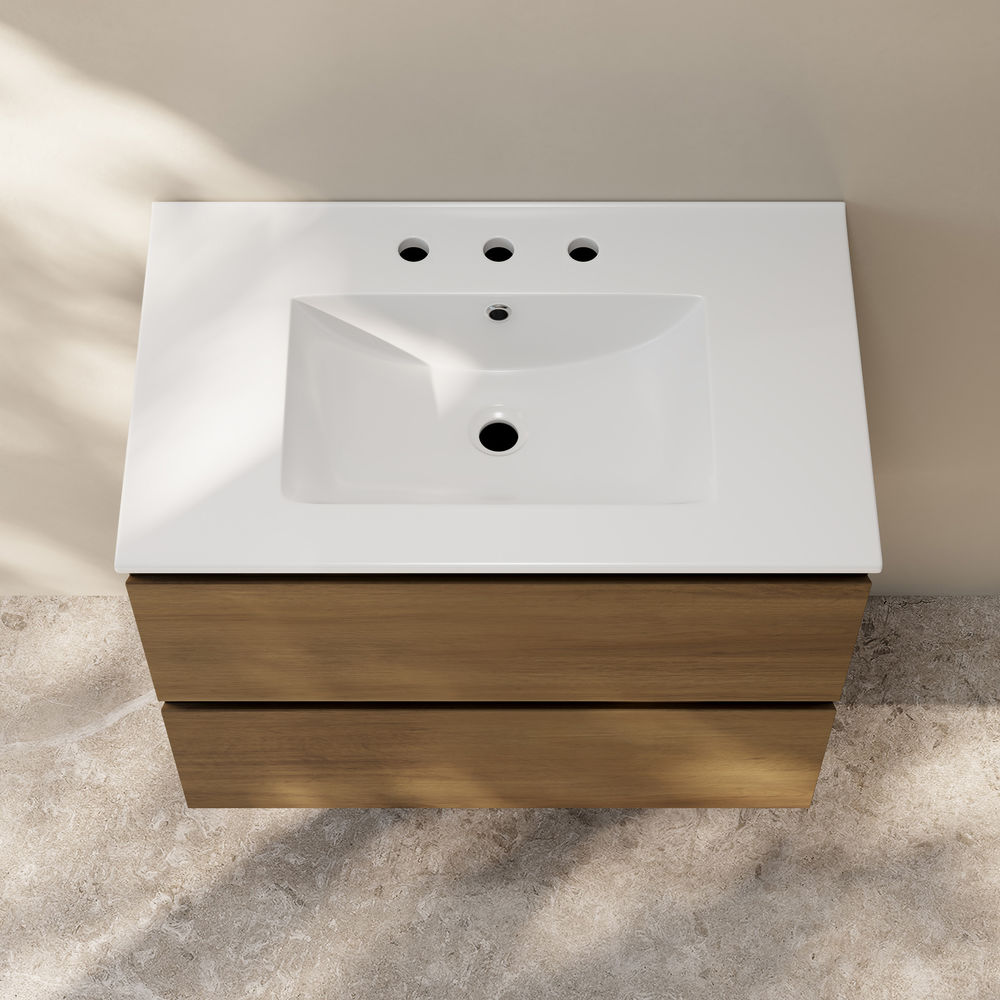 Liberte 30" Wall-Mounted Bathroom Vanity in Brown Oak with 3-Hole Widespread Sink Top