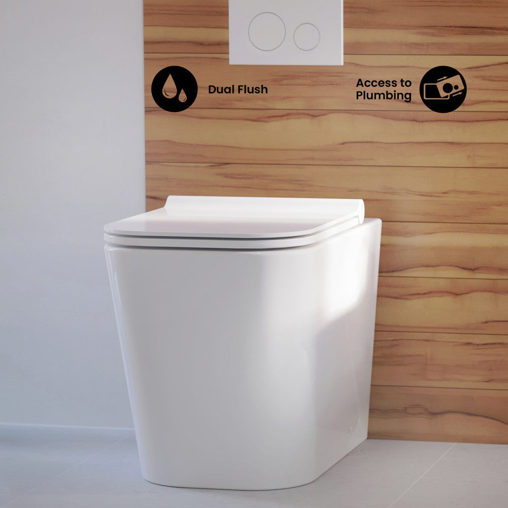 Square back-to-wall toilet bowl, compact design, dual flush buttons on wall panel.
