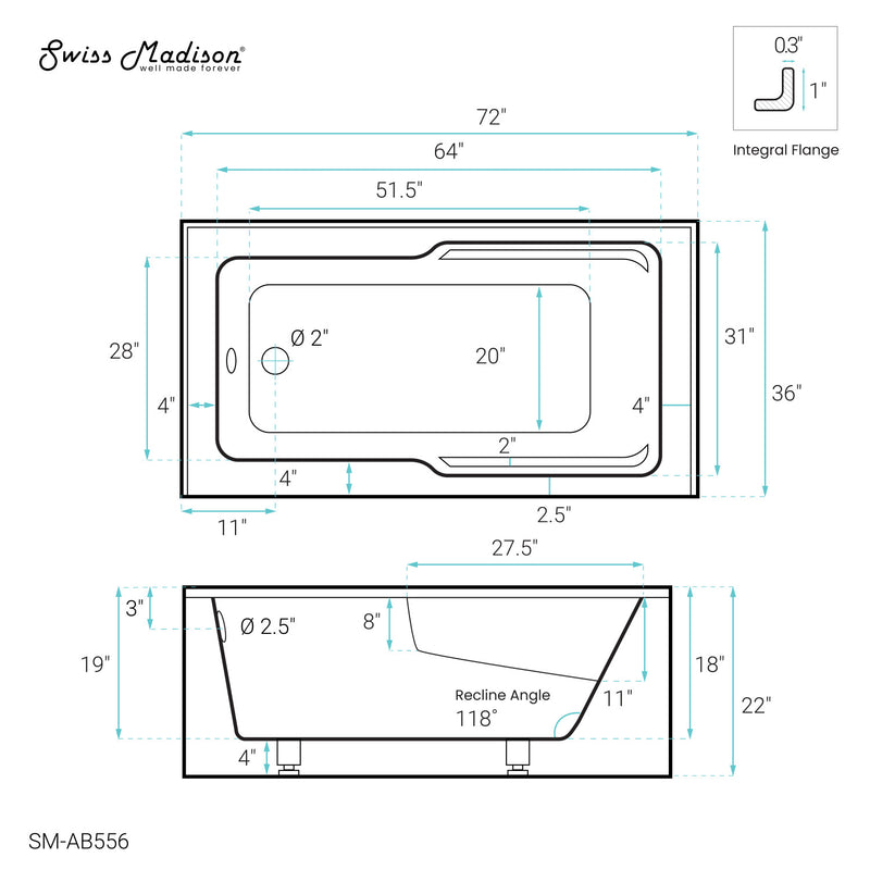 Voltaire 72" x 36" Left-Hand Drain Alcove Bathtub with Apron and Armrest