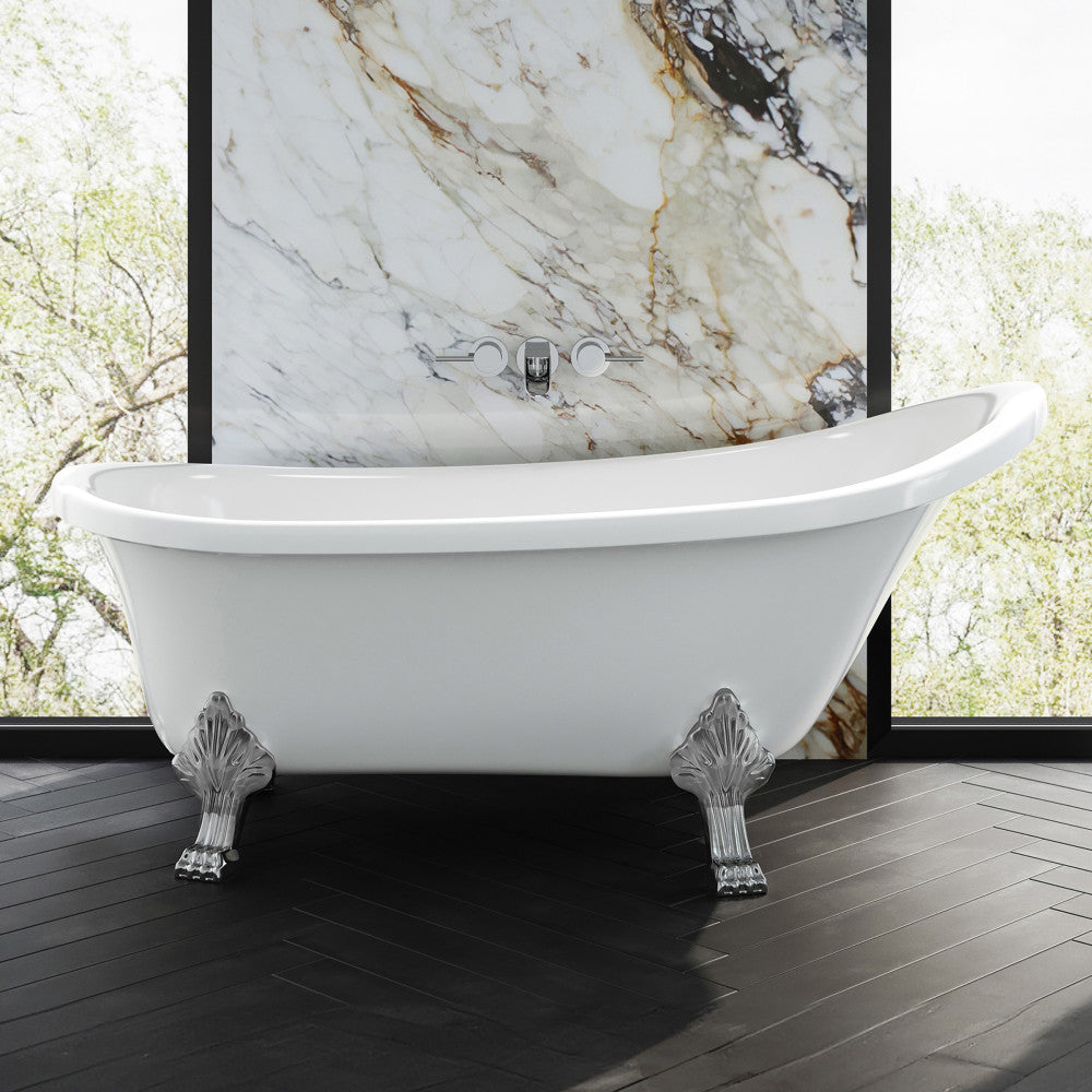 Cache Single Slipper, Clawfoot Soaking Acrylic Bathtub, Chrome Clawfoot