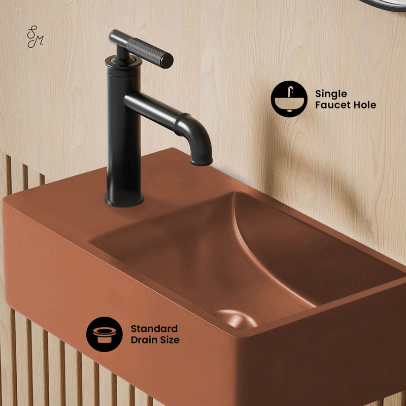Lisse 16" Concrete Rectangle Wall-Mounted Sink with Left Side Faucet Mount in Matte Terracotta