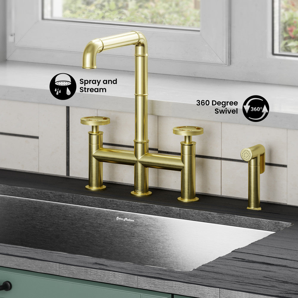 Avallon Pro Widespread Kitchen Faucet with Side Sprayer in Brushed Gold