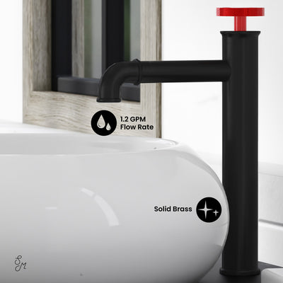 Avallon Single Hole, Single-Handle Wheel, High Arc Bathroom Faucet in Matte Black with Red Handles