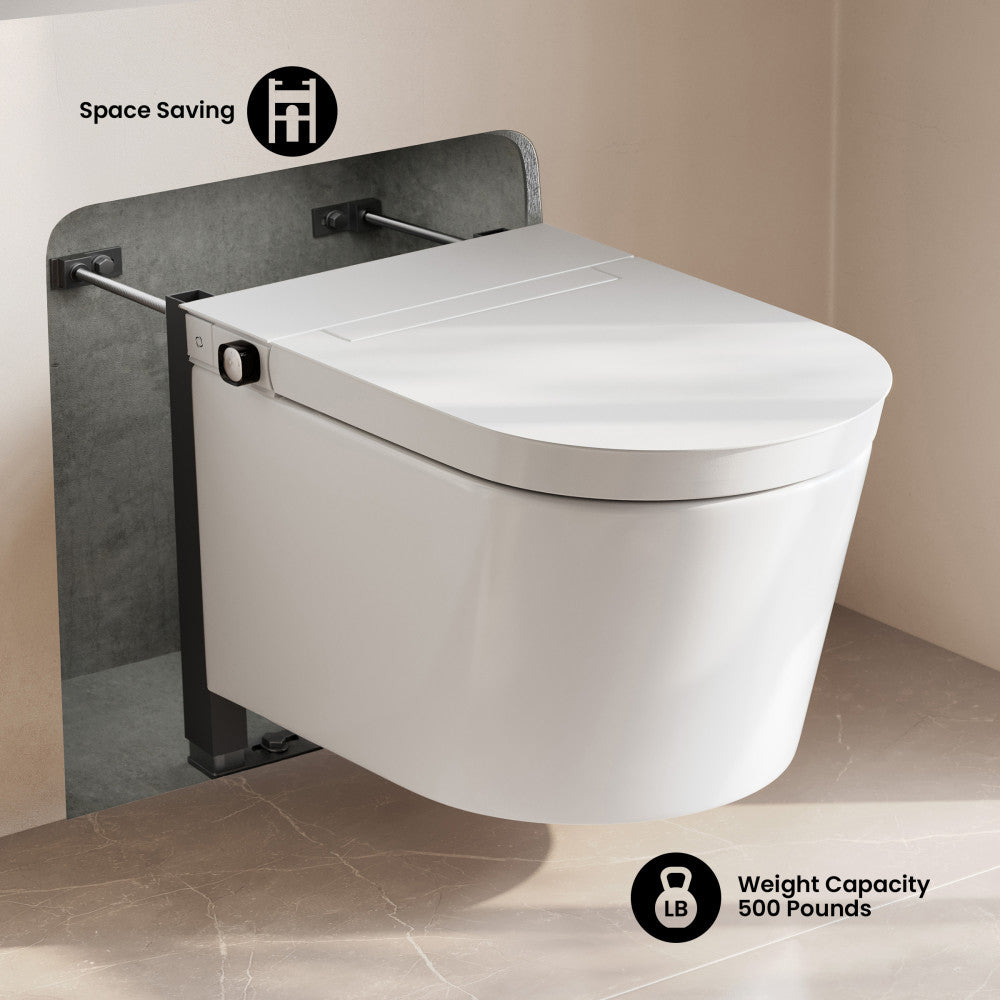 Hugo H Wall-Hung Toilet in Glossy White with Manual Bidet and 2x6 Supporting Frame